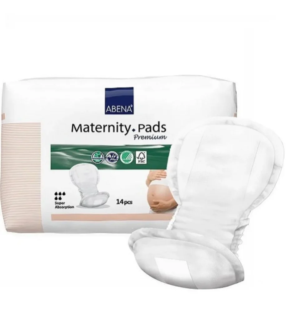 Abena serviettes de maternite, protections anatomiques post-accouchement a bords anti-fuites, disponibles sur uPara Maroc