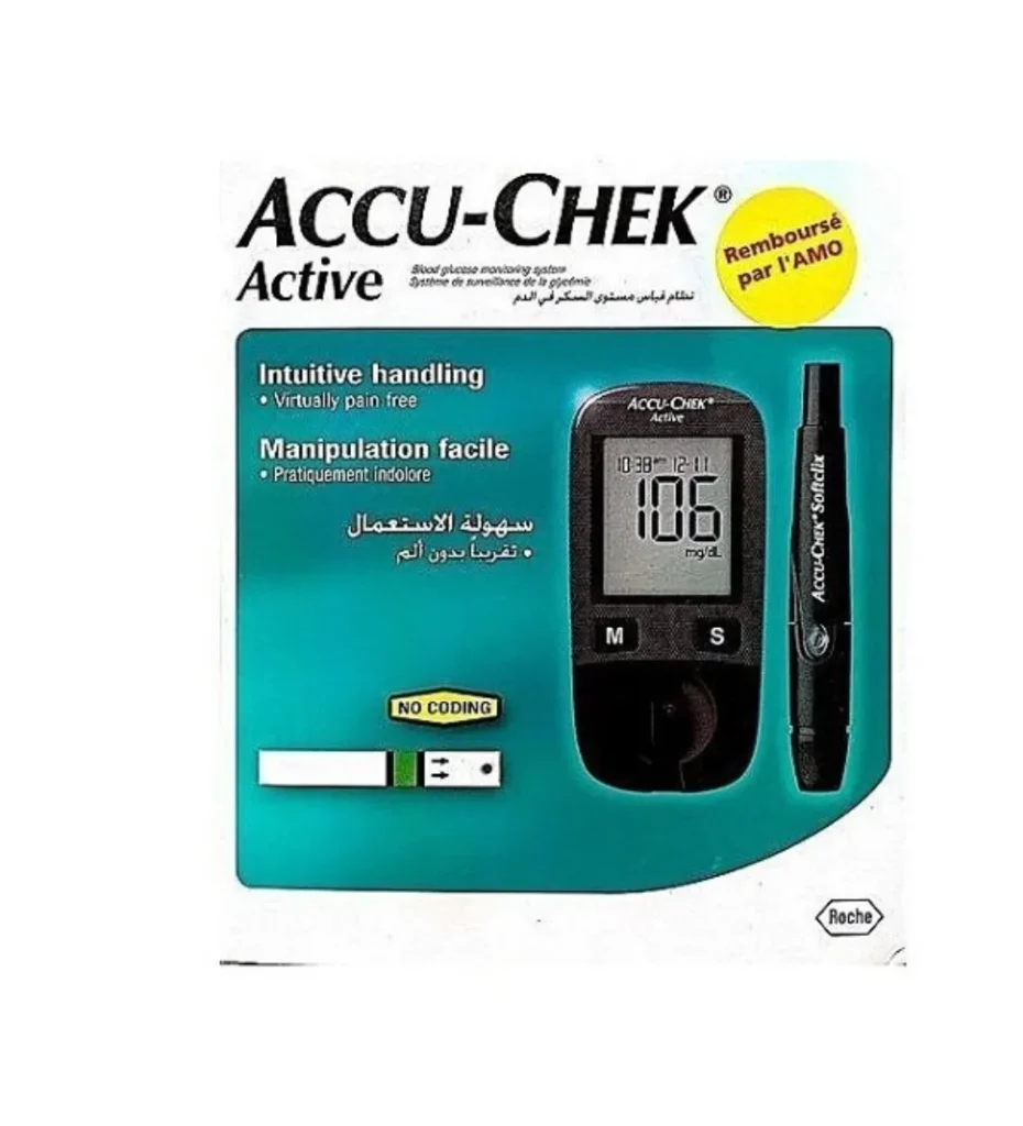 Accu-Chek Active kit, lecteur de glycemie et accessoires pour autosurveillance du diabete, disponible sur uPara Maroc
