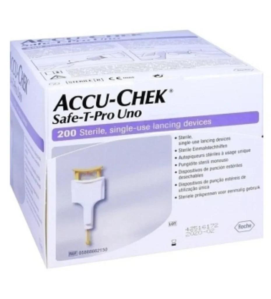Accu-Chek Safe-T-Pro Uno, boite de 200 lancettes safe t pro a usage unique pour prelevement capillaire, disponibles sur uPara Maroc