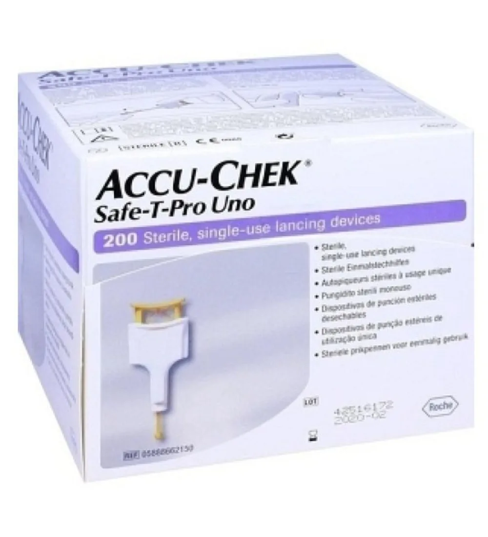 Accu-Chek Safe-T-Pro Uno, boite de 200 lancettes safe t pro a usage unique pour prelevement capillaire, disponibles sur uPara Maroc