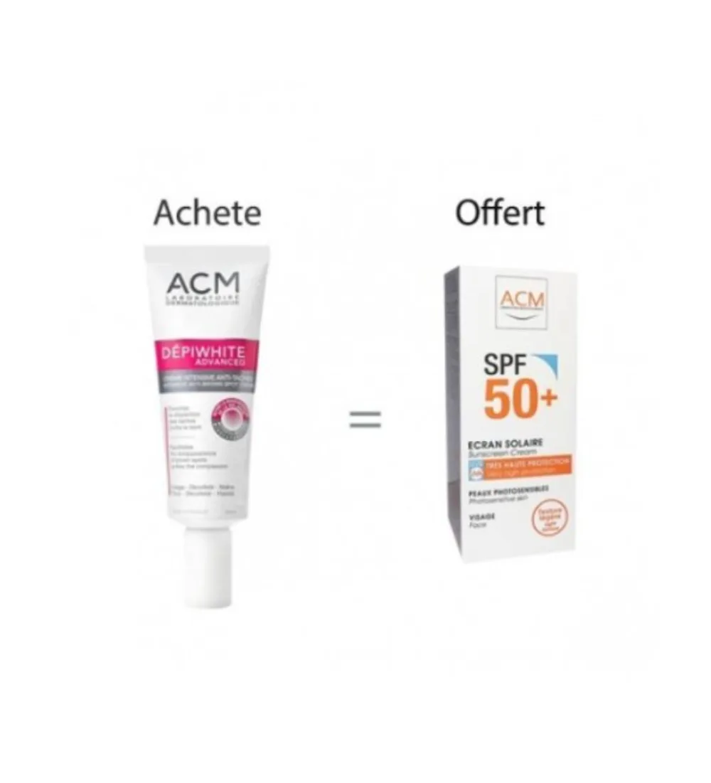depiwhite advanced creme ACM en coffret avec son écran solaire, soin anti-taches du visage, disponible sur uPara Maroc