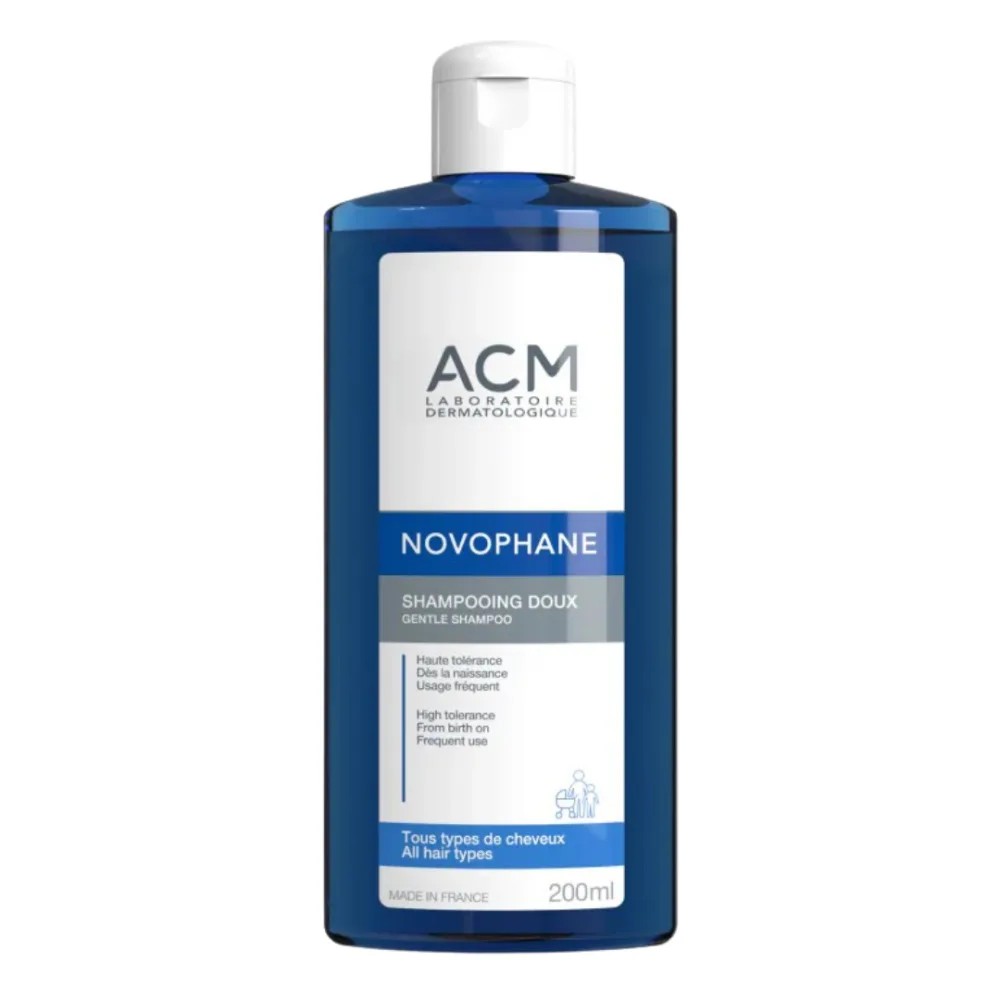 Flacon de novophane shampoing doux ACM 200 ml, soin lavant haute tolérance pour toute la famille, disponible sur uPara Maroc