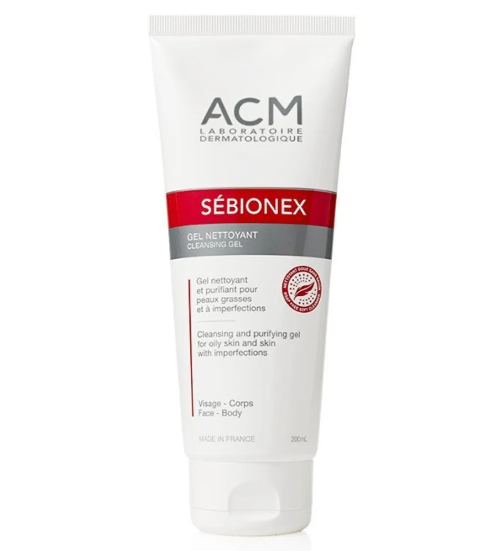 Flacon de sebionex gel moussant ACM 200 ml, nettoyant pour peau grasse, disponible sur uPara Maroc