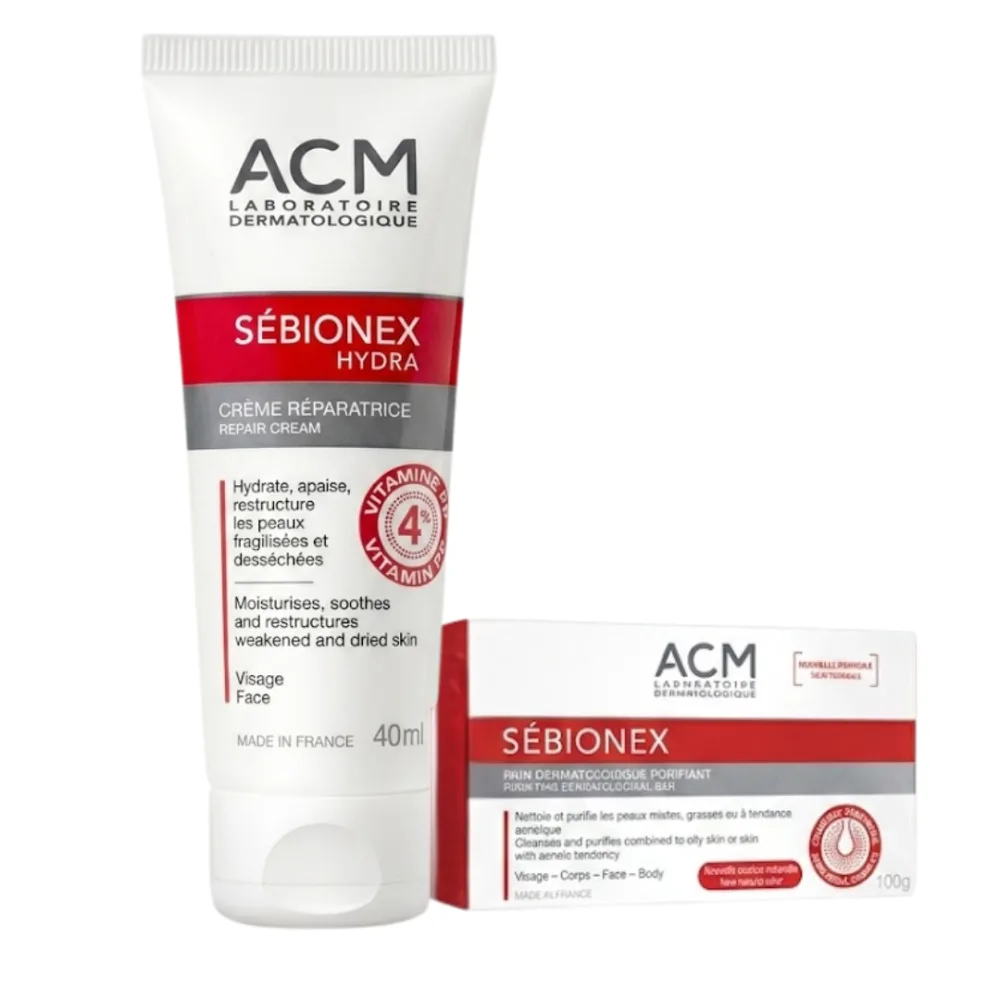 ACM Sebionex Hydra Creme Reparatrice+Pain Dermato Purifiant Duo Pack, hydratant visage, disponible sur uPara Maroc