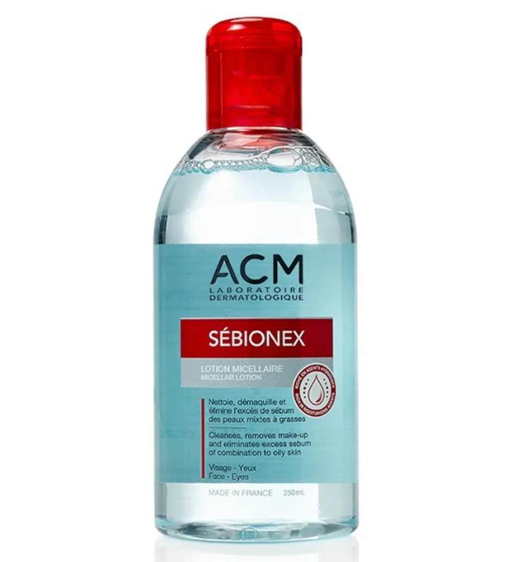 sebionex lotion micellaire ACM 250 ml, nettoyant-démaquillant pour peaux grasses à imperfections, disponible sur uPara Maroc