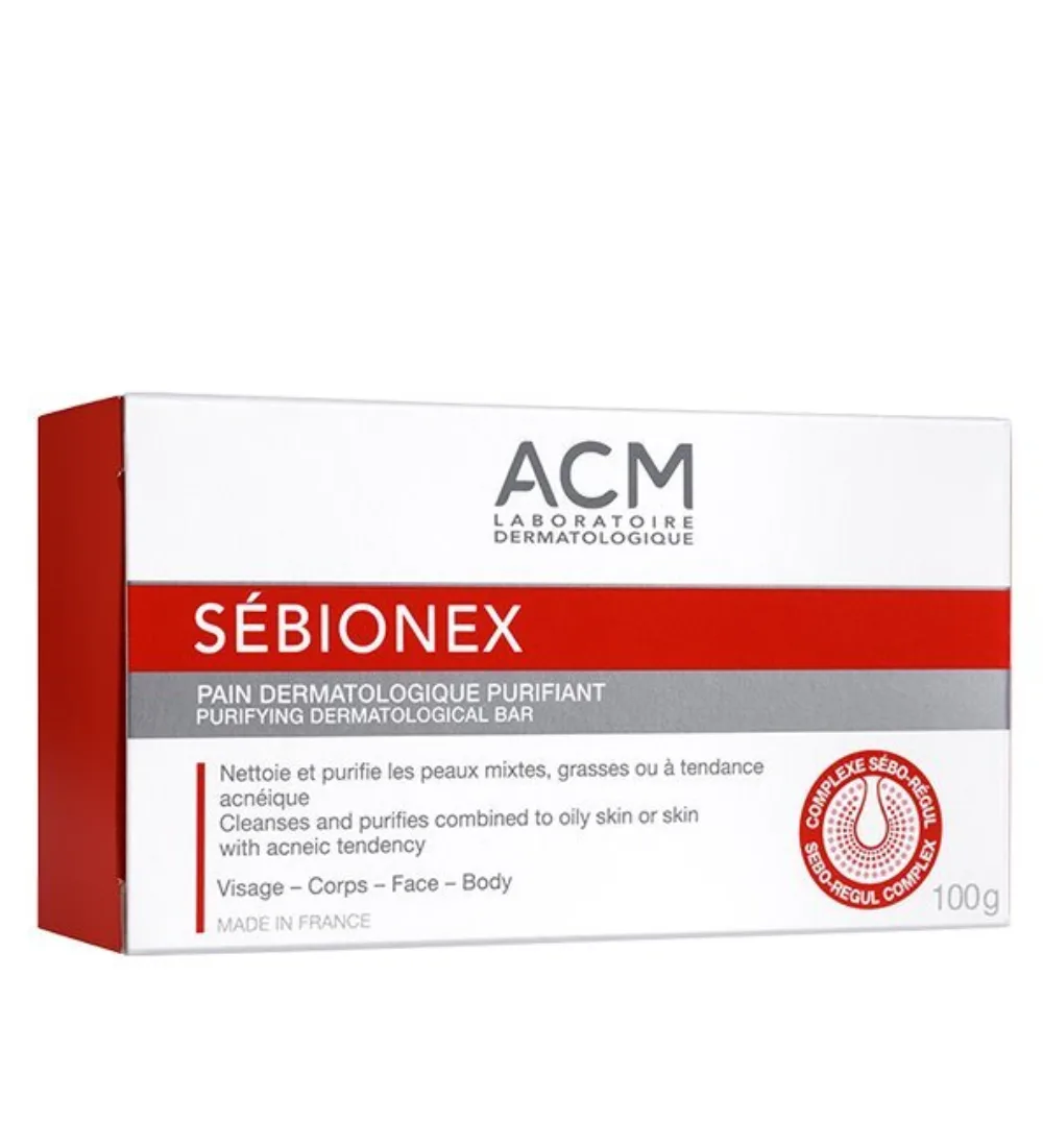 Pain nettoyant purifiant ACM 100 g, sebionex pain dermatologique pour peaux mixtes à grasses, disponible sur uPara Maroc