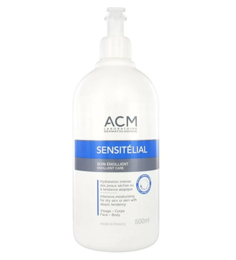 Flacon pompe 500 ml de sensitelial soin emollient ACM pour peau sèche à tendance atopique, disponible sur uPara Maroc