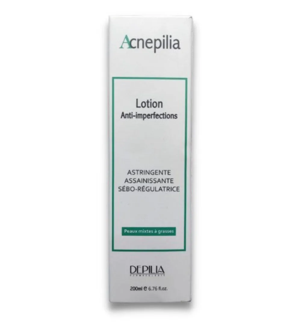 Flacon de lotion anti imperfection Acnepilia 200 ml pour peau à tendance acnéique, disponible sur uPara Maroc