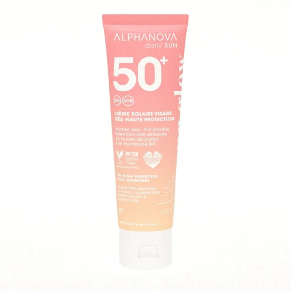 sun glow creme solaire Alphanova SPF50+ tube de 50 ml pour le visage, disponible sur uPara Maroc