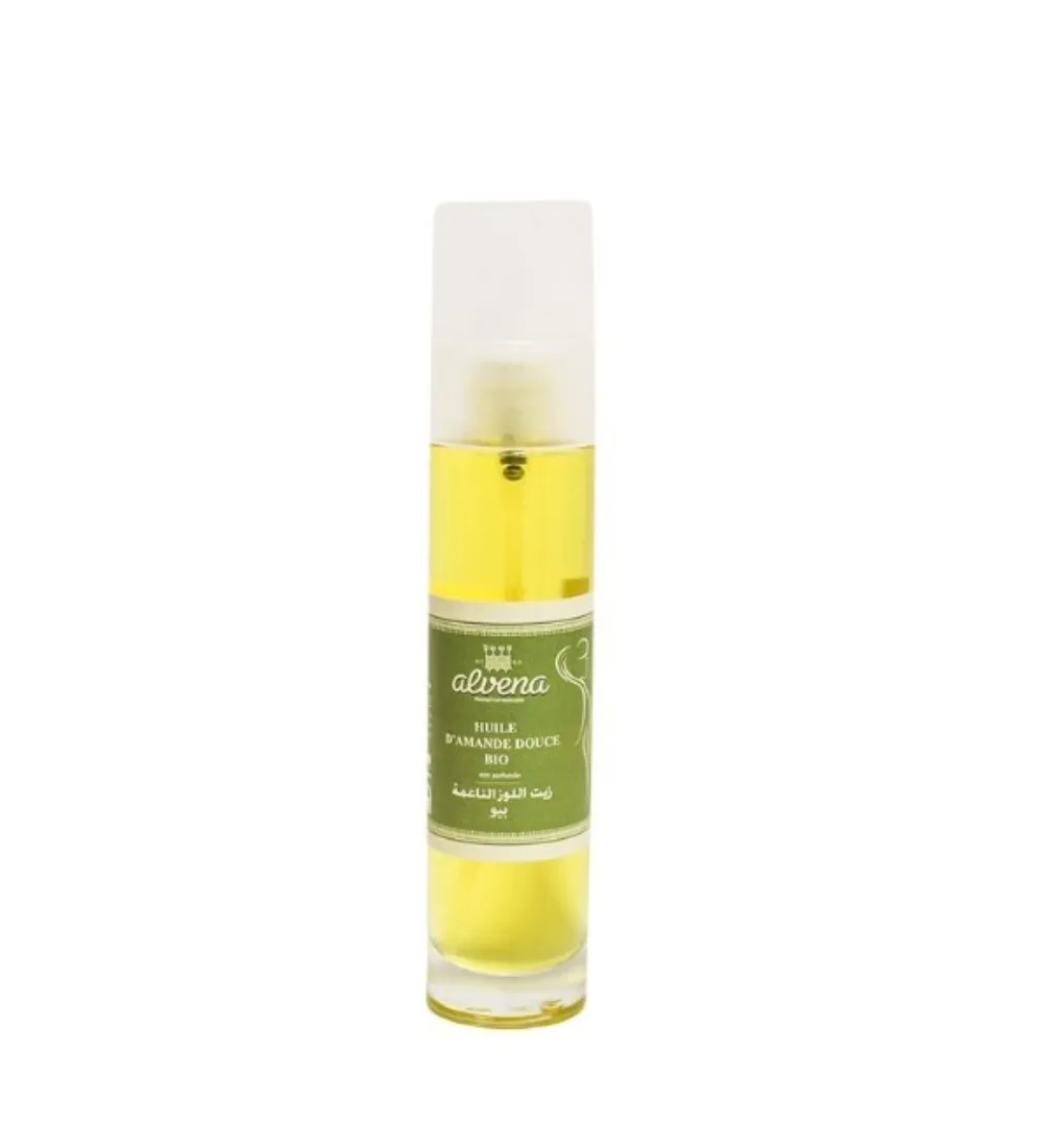 Flacon d'huile d amande douce Alvena 50 ml, huile végétale pour la peau et les cheveux, disponible sur uPara Maroc