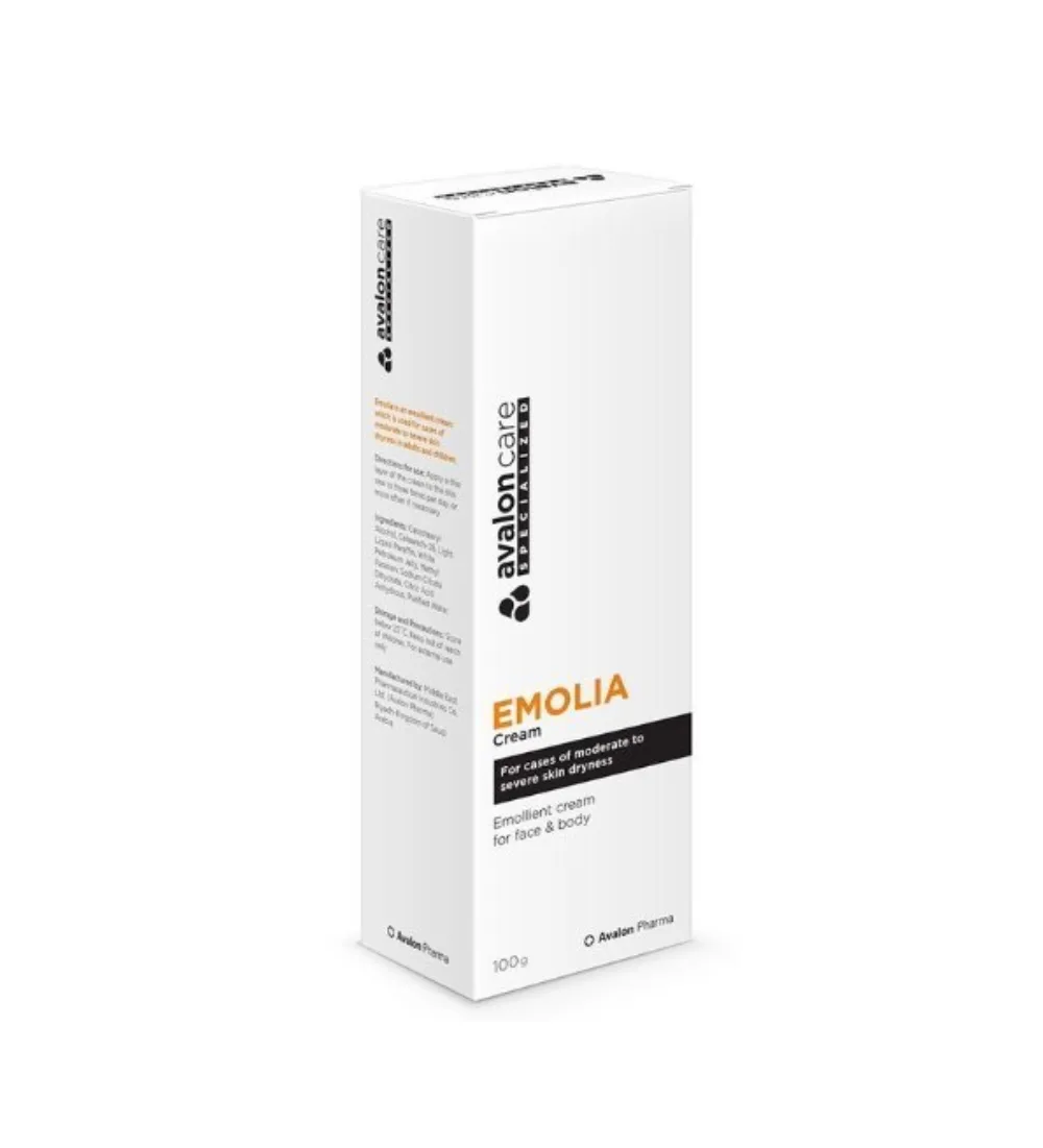 Tube de crème émolliente AvalonCare emolia cream 100 g pour peaux sèches et sensibles, disponible sur uPara Maroc