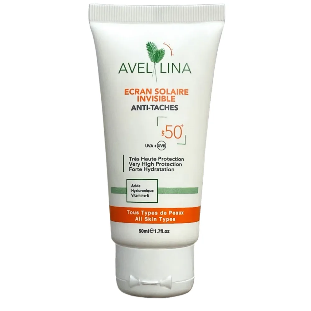 Avellina ecran solaire invisible SPF50+, protection minérale UVA/UVB pour le visage, disponible sur uPara Maroc