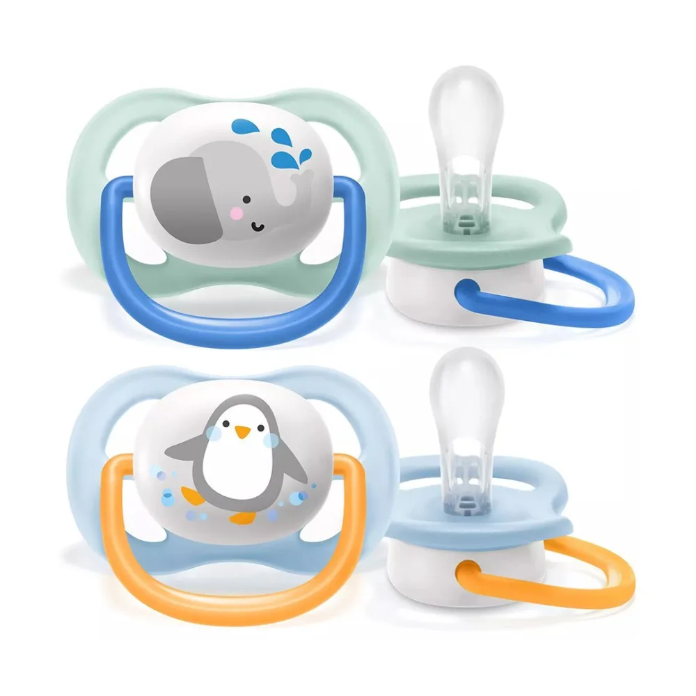 Sucette ortho 0 6m Avent SCF080/05 motifs éléphant et pingouin, disponible sur uPara Maroc