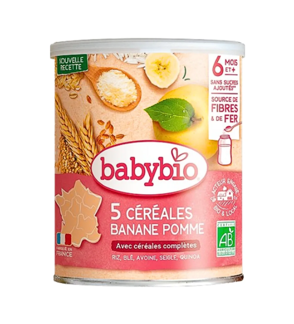 Boîte de 5 cereales banane pomme Babybio 220 g, céréales infantiles bio dès 6 mois, disponible sur uPara Maroc