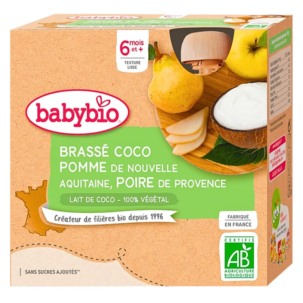 Babybio Gourde Brasse Coco Pomme Poire 4x85g, alimentation bébé, disponible sur uPara Maroc