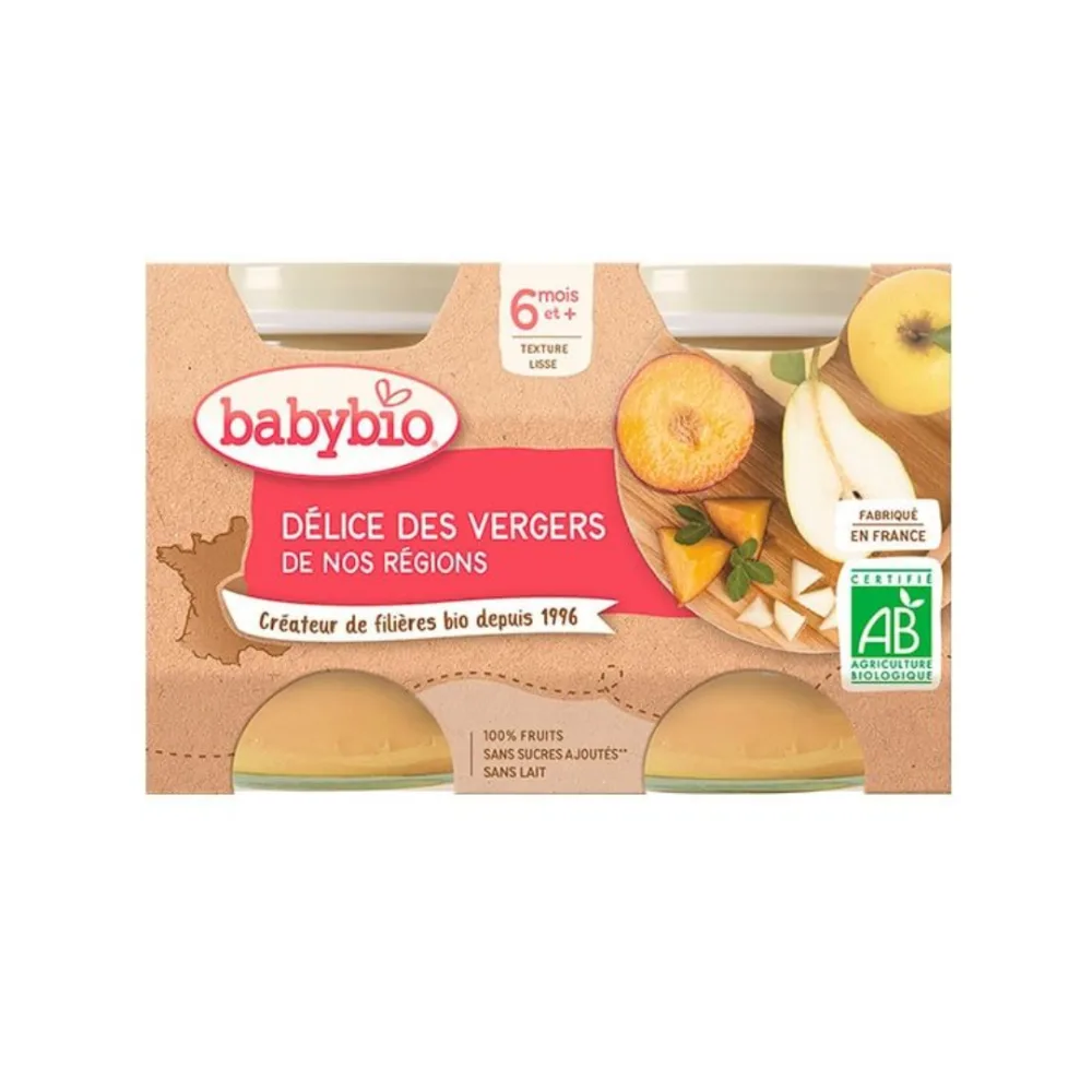 Petit pot delice des Vergers Babybio, dessert bio 2 x 130 g pour bébé dès 6 mois, disponible sur uPara Maroc