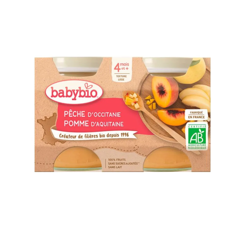 Petit pot peche 2 Babybio, purée de pêche bio en pot de 130 g pour la diversification alimentaire de bébé, disponible sur uPara Maroc