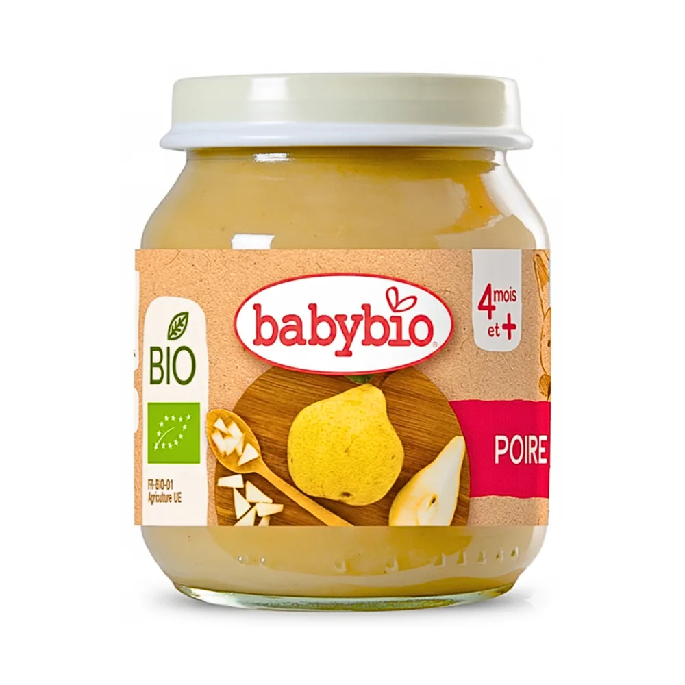 petit pot poire Babybio 130 g, purée de fruit bio pour la diversification de bébé, disponible sur uPara Maroc