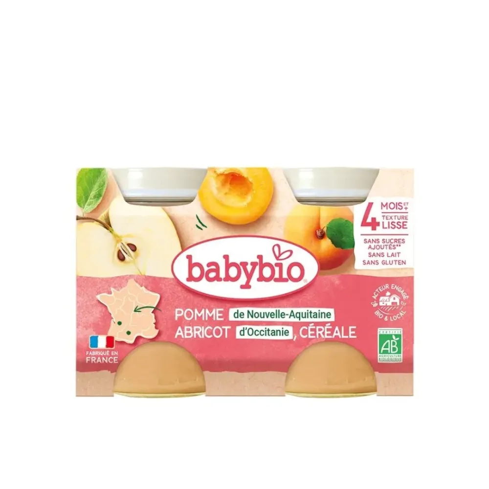 Babybio petit pot pomme abricot et céréales 2 x 130 g, dessert bébé dès 6 mois, disponible sur uPara Maroc