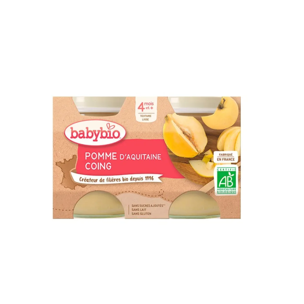 Babybio petit pot pomme coing, lot de 2 pots de 130 g, disponible sur uPara Maroc