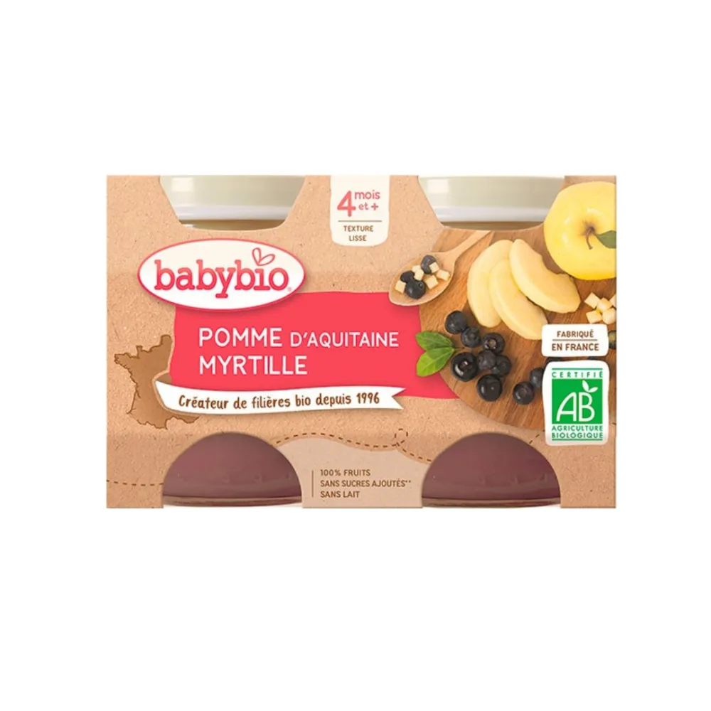 Lot de deux pots Babybio, petit pot pomme myrtille bio dès 6 mois, disponible sur uPara Maroc