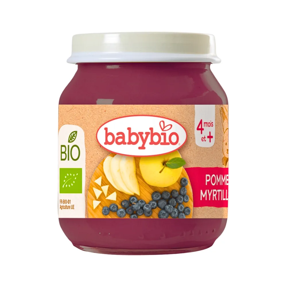 Babybio petit pot pomme myrtille 130 g, purée de fruits bio pour bébé, disponible sur uPara Maroc