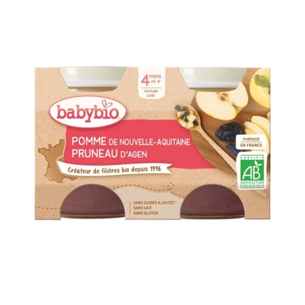 Babybio petit pot pomme pruneau, lot de 2 x 130 g de purée infantile bio, disponible sur uPara Maroc