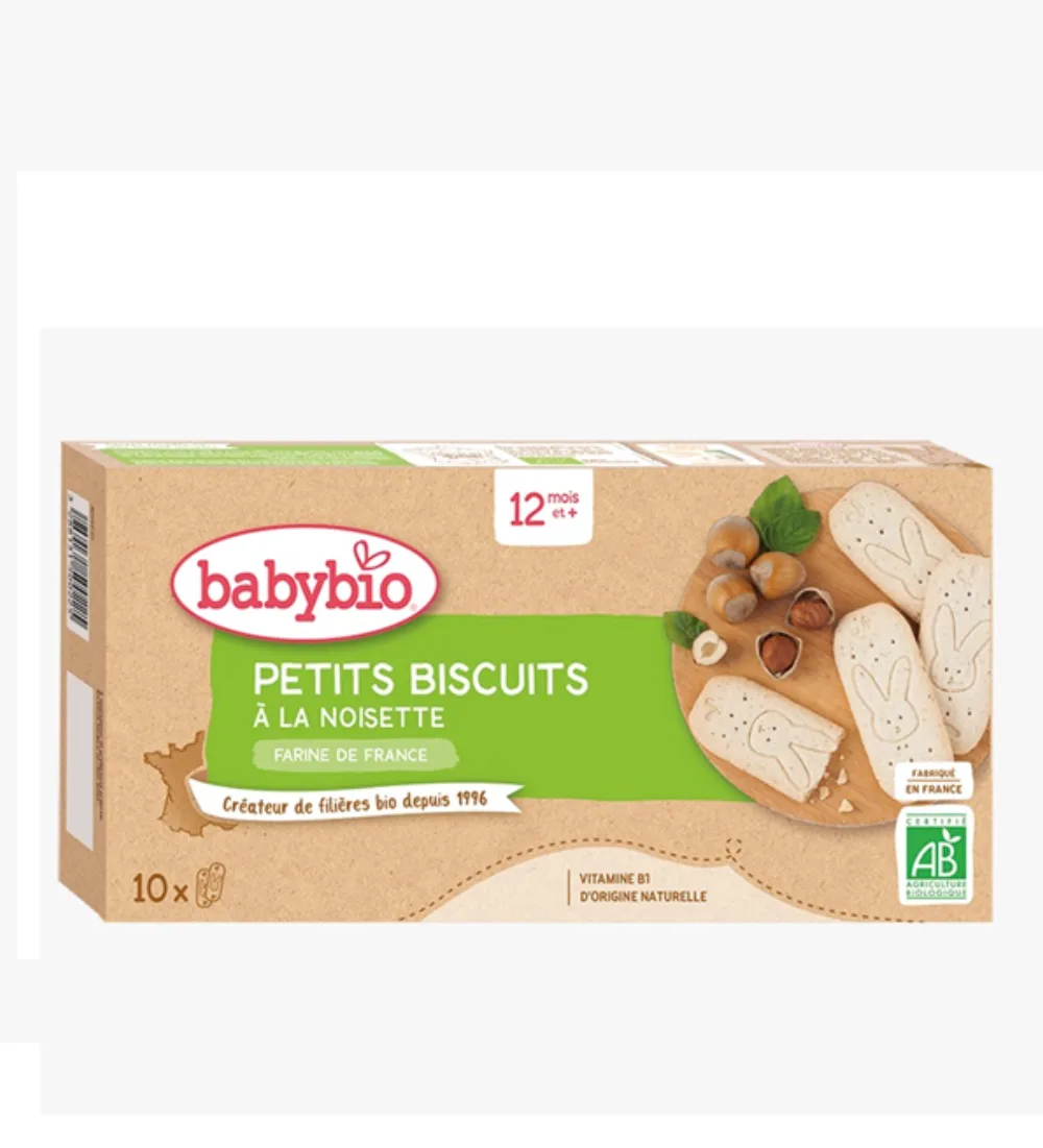 Boîte de petits biscuits noisette Babybio 160 g, goûter bio pour jeune enfant, disponible sur uPara Maroc