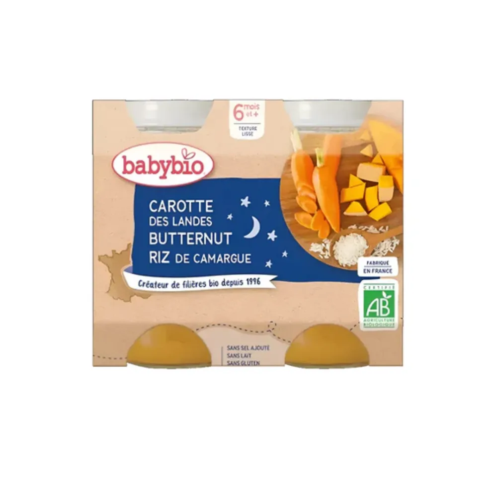 BABYBIO POT BONNE NUIT CAROTTE COURGE BUTTERNUT RIZ 2 x 200G, produits pour bébé, disponible sur uPara Maroc