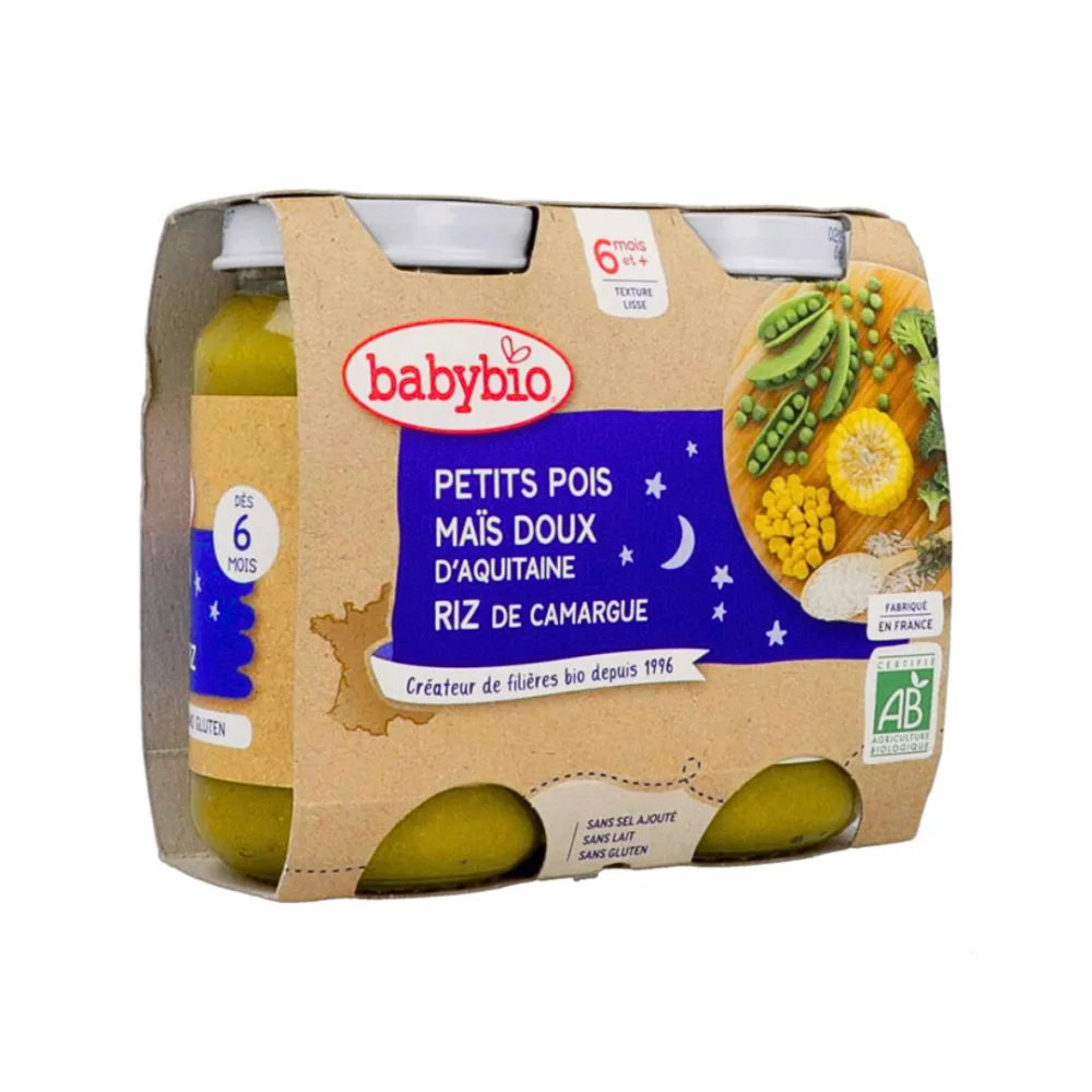 Babybio Pot Bonne Nuit Petits Pois Mais Riz 2*200g, produits pour bébé, disponible sur uPara Maroc