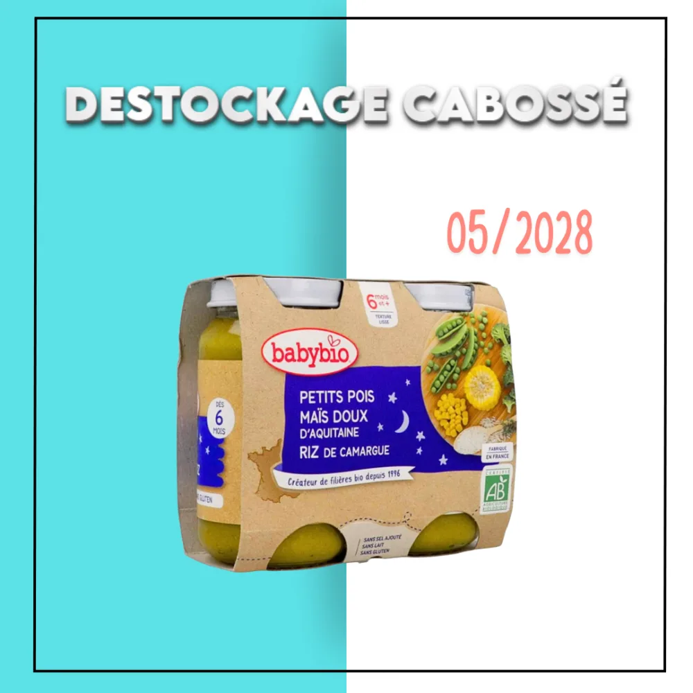 Babybio Pot Bonne Nuit Petits Pois Mais Riz 2*200g – DESTOCKAGE CABOSSE, produits pour bébé, disponible sur uPara Maroc