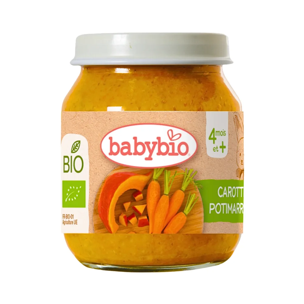 Photo du pot carotte potimarron Babybio 130 g, purée bio de légumes pour bébé, disponible sur uPara Maroc
