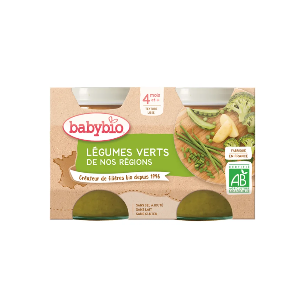 Pot legumes verts 2 x 130 g Babybio, purée lisse bio pour la diversification de bébé, disponible sur uPara Maroc