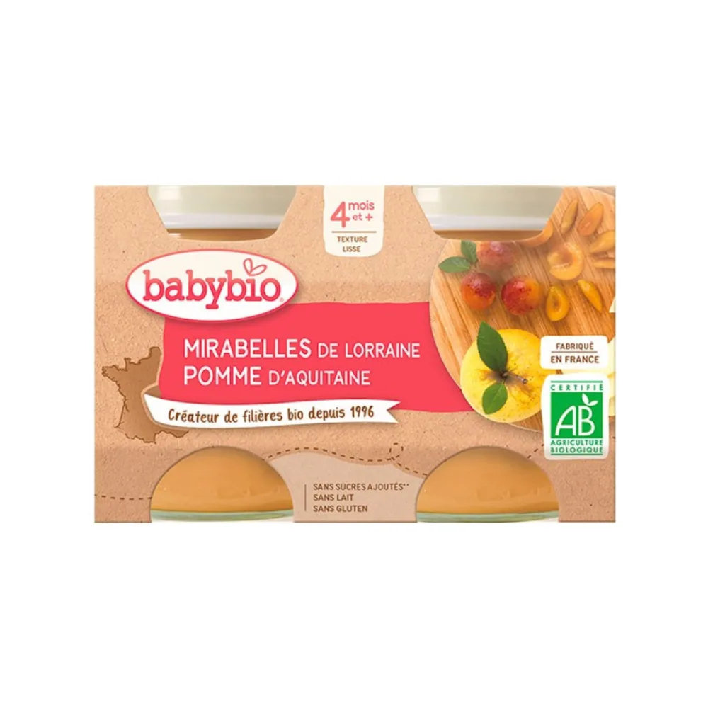 Compote bio Babybio pot mirabelle pomme 2, lot de deux contenants de 130 g pour bébé, disponible sur uPara Maroc