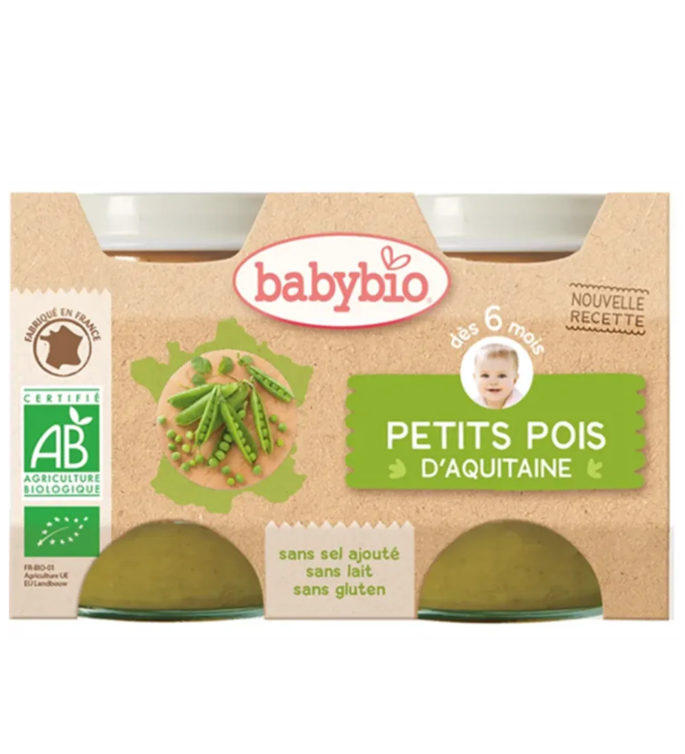 Pot petits pois g Babybio 2 x 130 g, purée de légumes pour bébé, disponible sur uPara Maroc