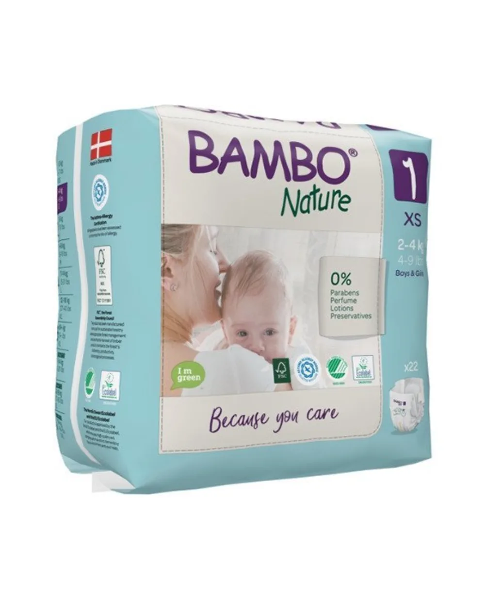 Couches 1xs Bambo Nature taille 1 pour bébé de 2 à 4 kg, paquet de 22 unités, disponible sur uPara Maroc