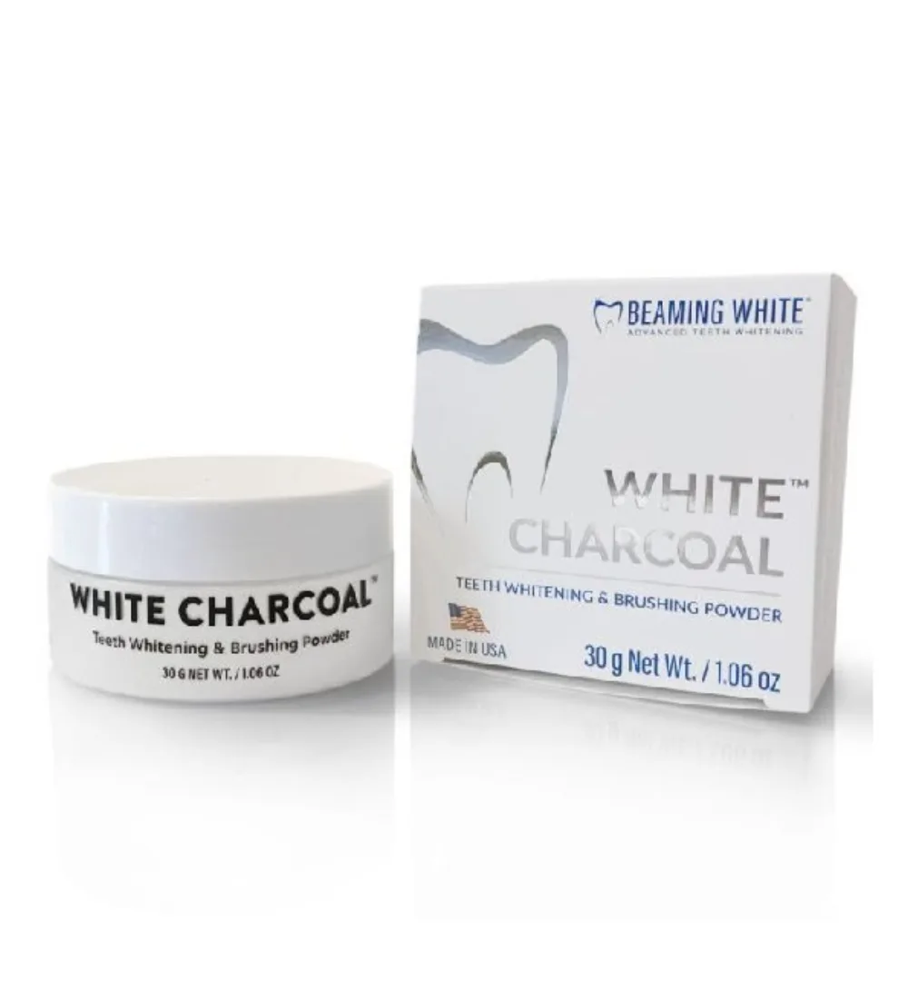 Pot de poudre dentaire charcoal white 30 g de la marque Beaming White, disponible sur uPara Maroc