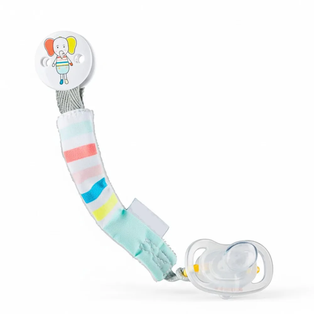 Attache sucette textile Bébé Confort motif éléphant, pince et ruban en tissu, disponible sur uPara Maroc