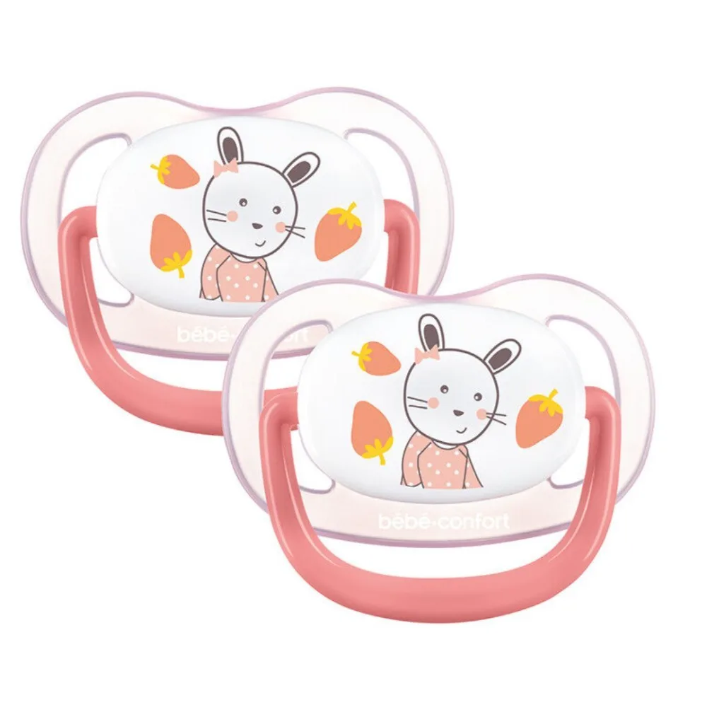 Sucette physio air Bébé Confort 6-18 mois rose et blanc, lot de 2 en silicone, disponible sur uPara Maroc