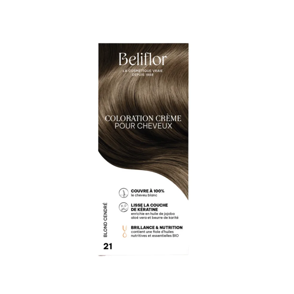 Beliflor Coloration N°21 Blond Cendre, coloration et soins pour cheveux colorés, disponible sur uPara Maroc