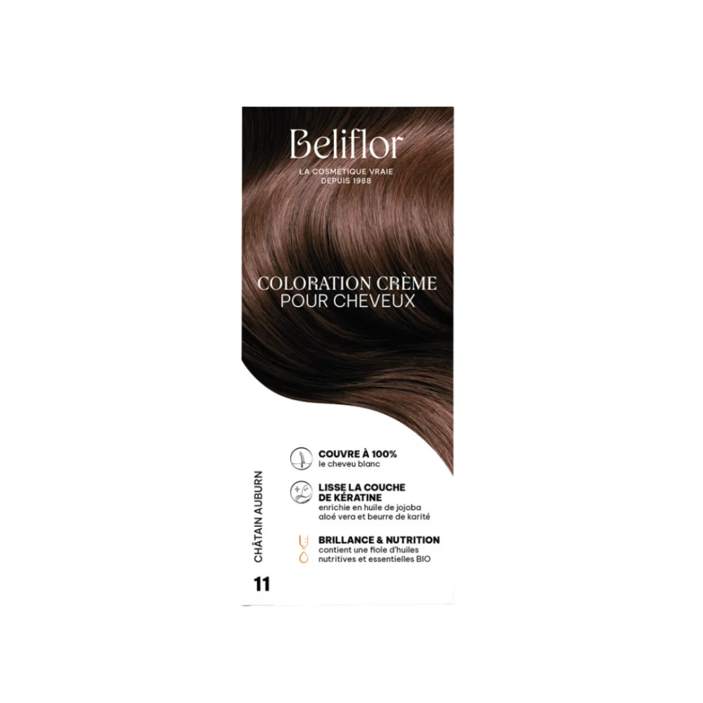 Beliflor N°11, coloration chatain auburn en crème permanente, coffret complet disponible sur uPara Maroc