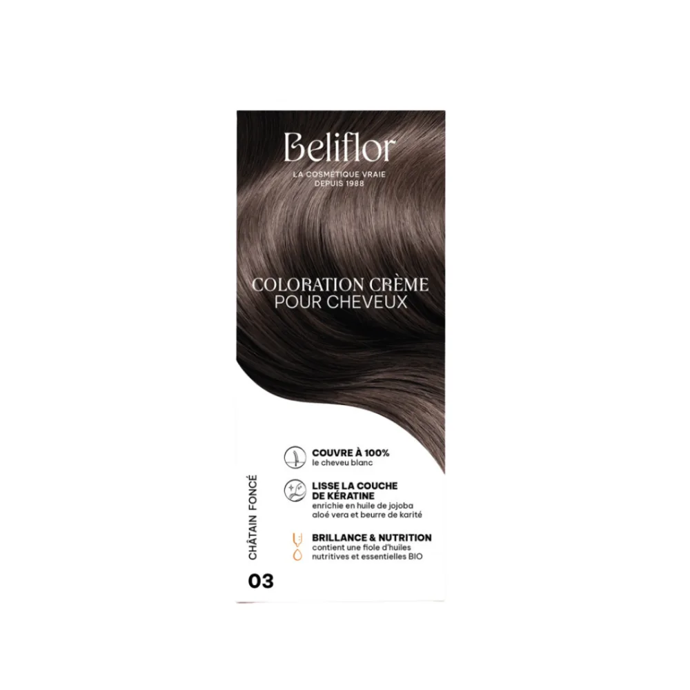 Beliflor Coloration N°03 Chatain Fonce, coloration et soins pour cheveux colorés, disponible sur uPara Maroc