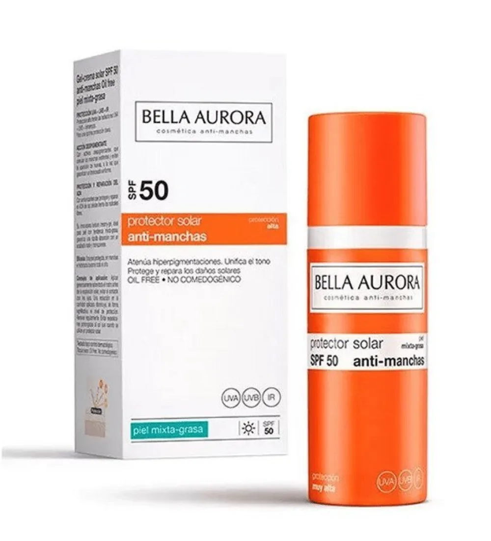 Bella Aurora gel solaire anti taches SPF 50+ 50 ml pour peaux mixtes et grasses, disponible sur uPara Maroc