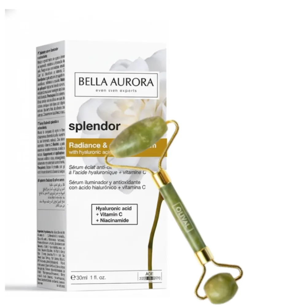Flacon Bella Aurora splendor serum radiance 30 ml avec son rouleur de massage facial, disponible sur uPara Maroc