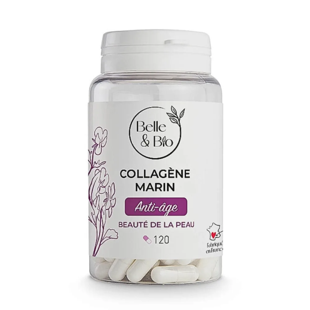 Bio collagene marin Belle Bio, flacon de 120 gélules, complément alimentaire à base de collagène d'origine marine, disponible sur uPara Maroc