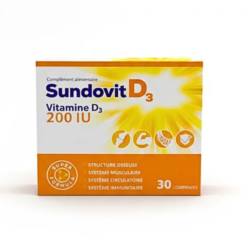 Boîte de sundovit vitamin d3 200iu Belle Bio, 30 comprimés, disponible sur uPara Maroc