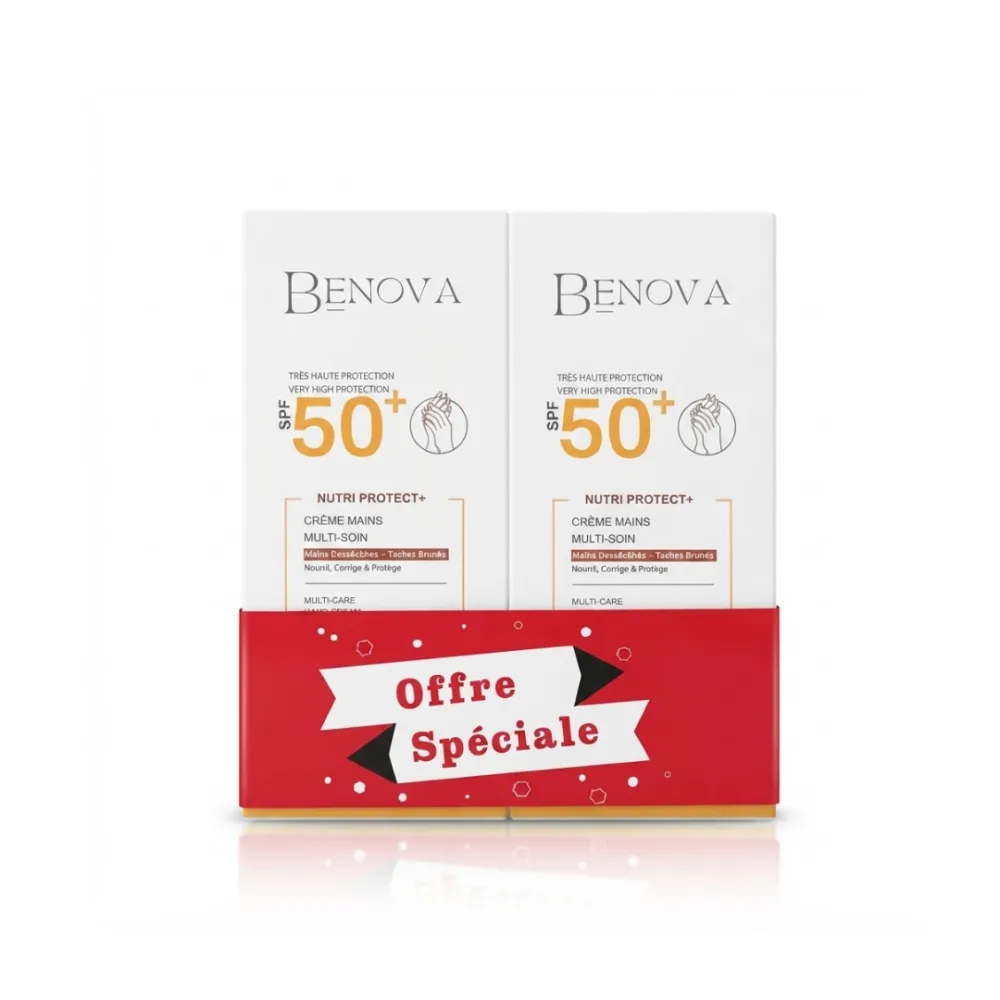 Tube de nutri creme mains Benova Nutri Protect+ SPF 50+, pack de deux tubes de 50 g, disponible sur uPara Maroc