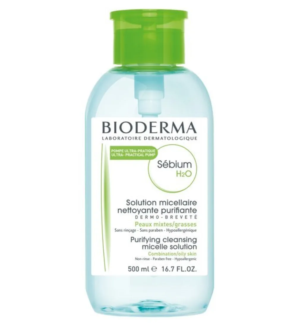 Flacon d'eau micellaire Bioderma sebium h2o pompe inversee 500 ml pour peaux mixtes à grasses, disponible sur uPara Maroc